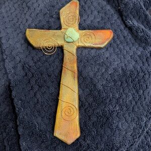 Vintage Jeremy Diller Raku Pottery Sacred Cross Ceramic Copper Wire Turquoise